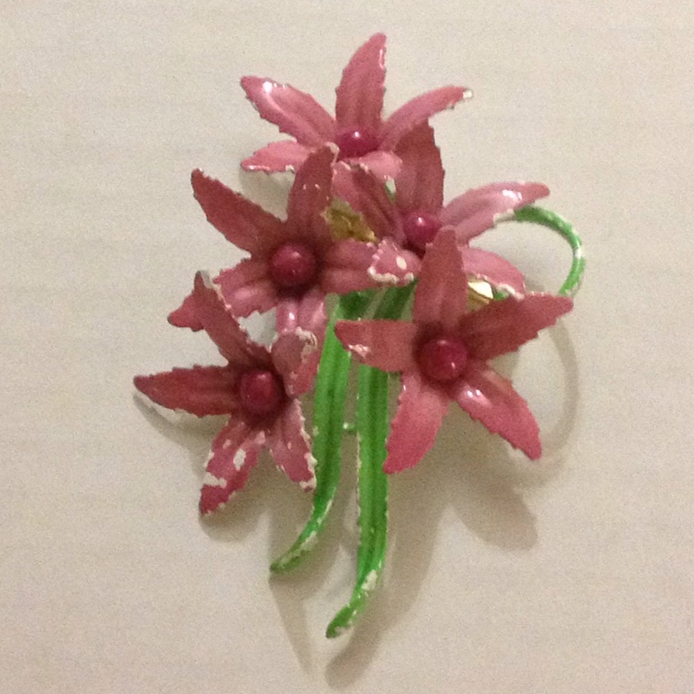 Pink XL Enamel Flower Pin Brooch 1920 1930 1940